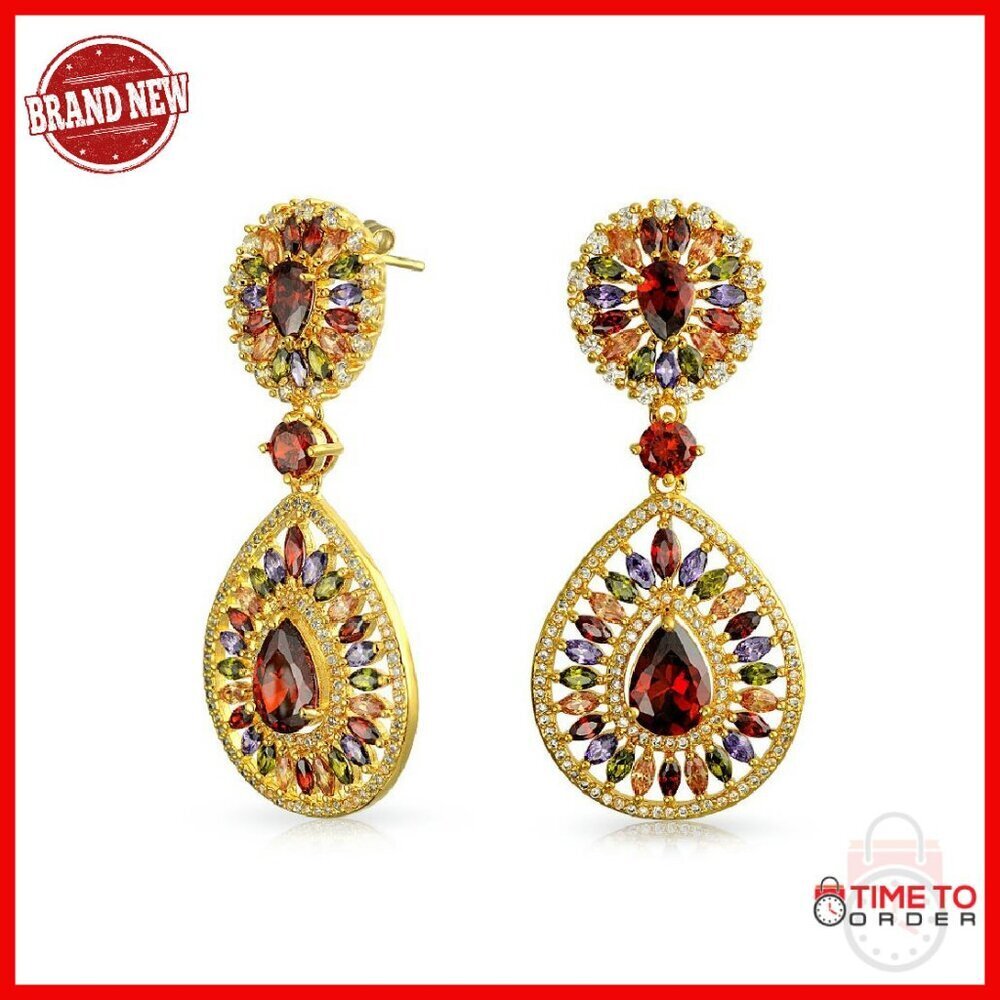 Gold Plated CZ Teardrop Chandelier Earrings 2 Inch Dangle Wedding Prom